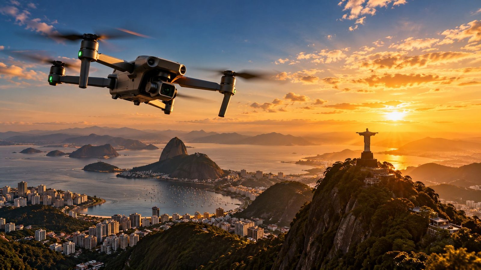 Drone sobrevoando o Rio de Janeiro ao pôr do sol, com o Pão de Açúcar e o Cristo Redentor ao fundo