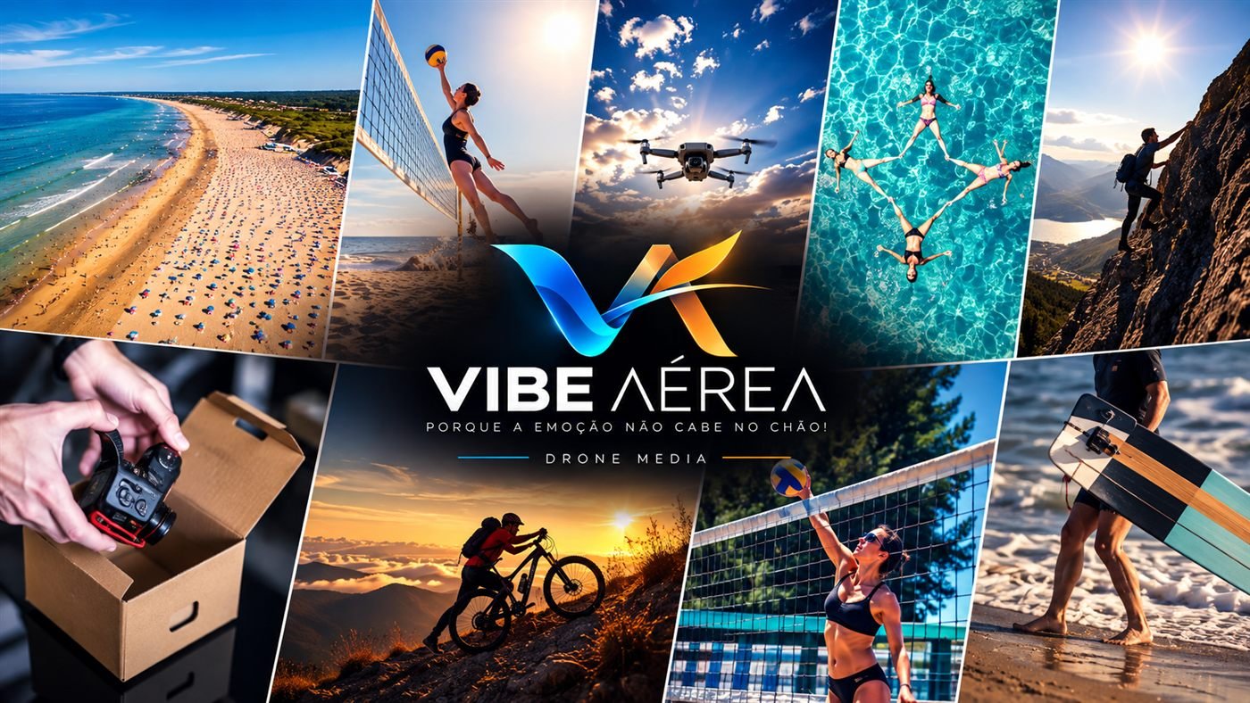 Vibe Aérea — aventuras em movimento: vôlei de praia, mountain bike, surf, escalada e praia vista do alto por drone