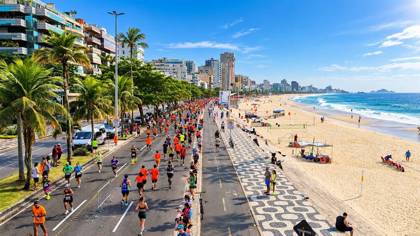 Vista aérea de uma maratona à beira-mar no Rio de Janeiro, com corredores na avenida, calçadão de pedras portuguesas e a praia ao lado